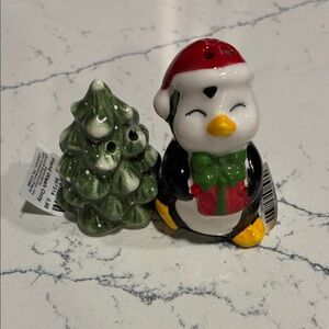 Cracker Barrel Green, Red, Black Penguin & Tree Salt and Pepper Shakers